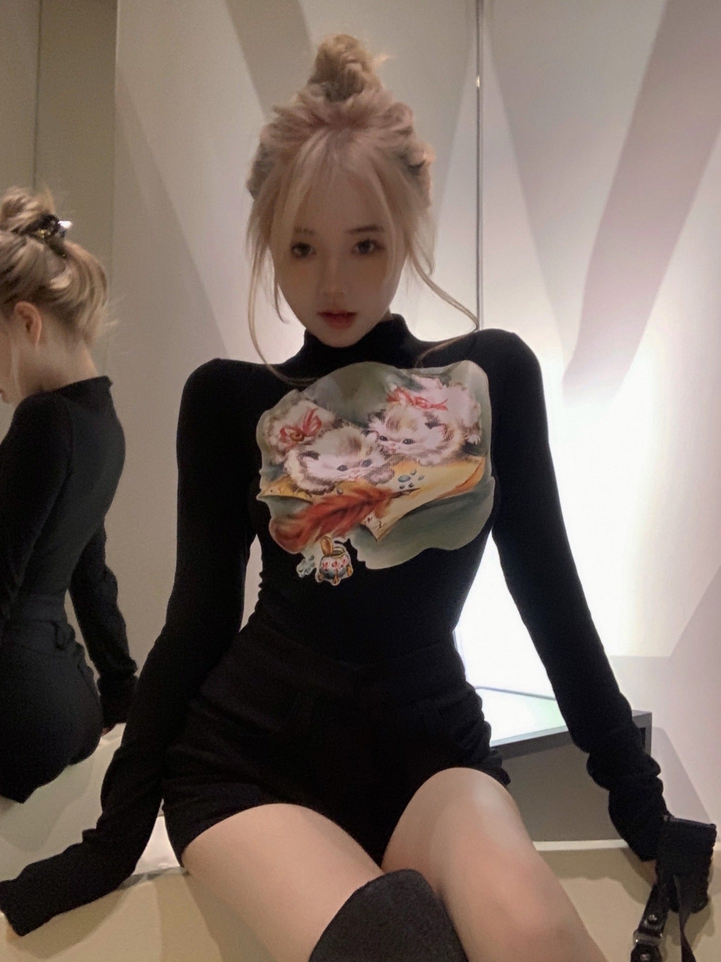 Dopamin Kat Print Langærmet T-shirt Tidlig Efterår