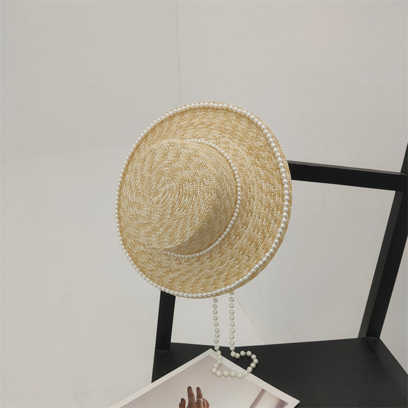 Women's Hand Sewn Pearl Flat Top Straw Hat