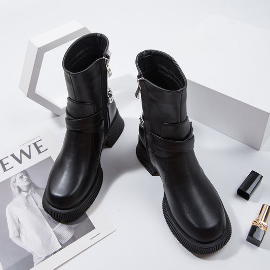 Women's Thick Bottom Cowhide Autumn And Winter Mid-tube British Style Martin Boots