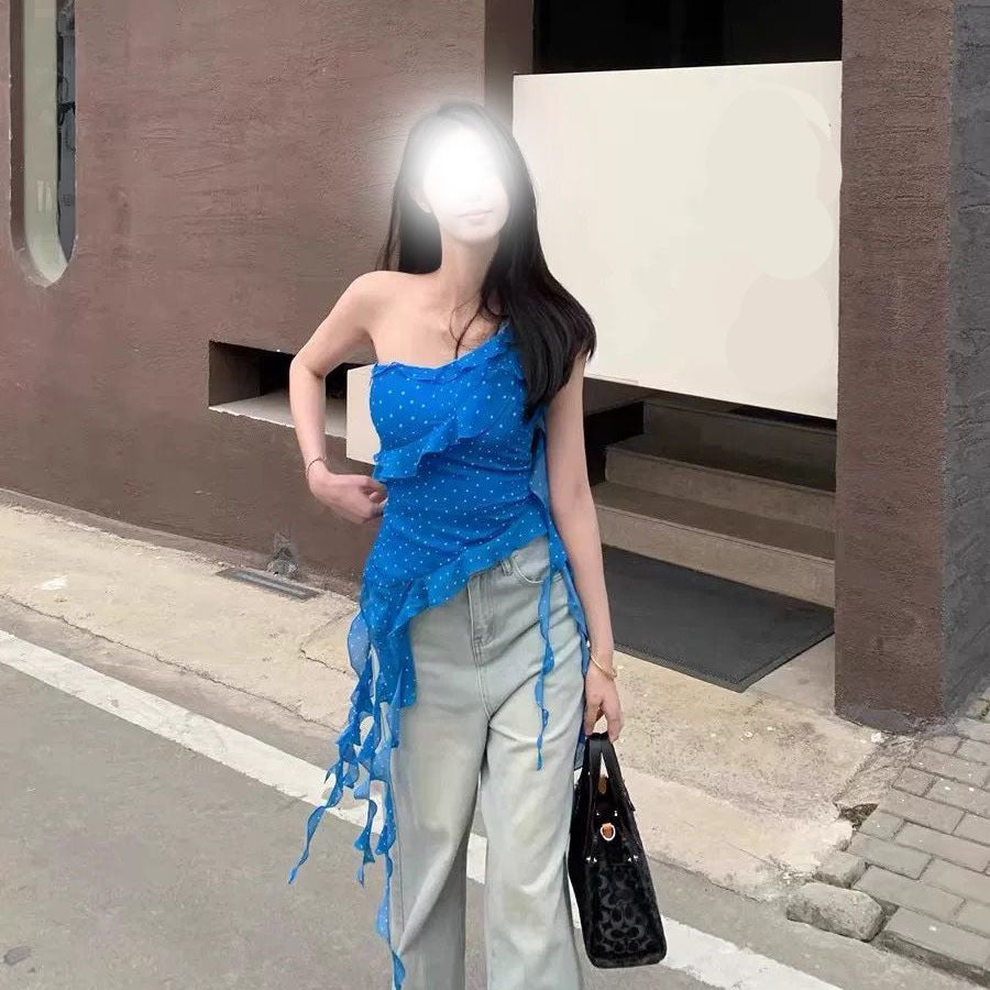 Dame uregelmæssig blå prikket off-shoulder tanktop
