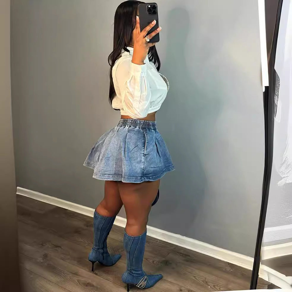 Women's Fashion All-matching Solid Color High Waist Crimp Denim Skirt