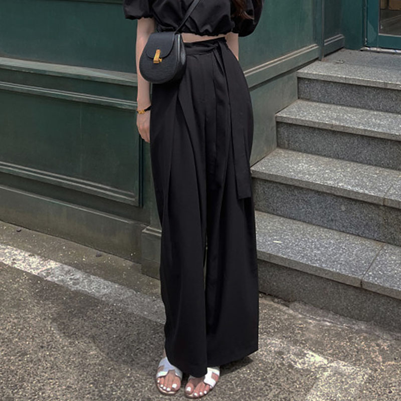 High Waist Pleated Asymmetrical Strap Design Wide Leg Draping Pants