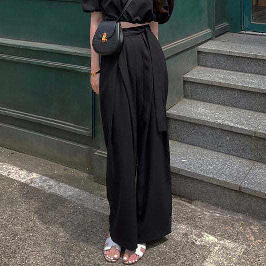 High Waist Pleated Asymmetrical Strap Design Wide Leg Draping Pants