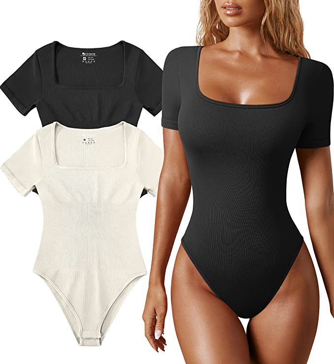 Sunken Stripe Square Collar Short Sleeve Tight Jumpsuit