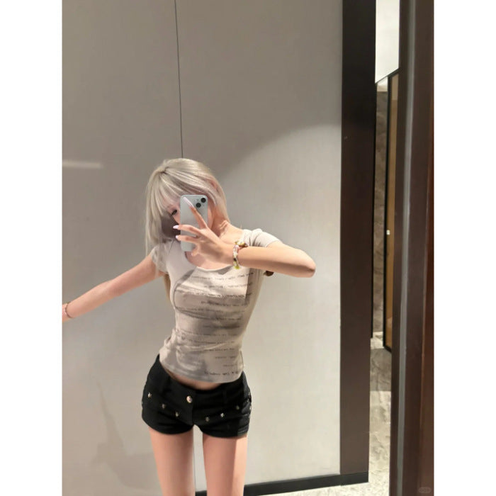 American Retro Coffee Color Printed Shoulder Short Sleeve Shirt Women