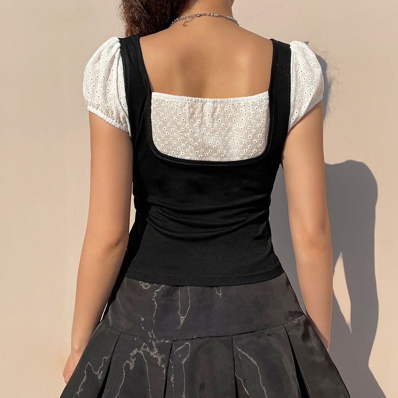 Fake Two Black And White Contrasting Temperament Square Neck Short Sleeves