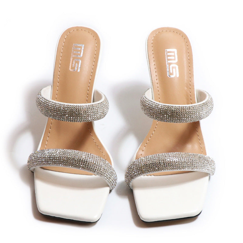 Crystal Stiletto Heels, Versatile And Comfortable Solid Color Slippers With Rhinestones