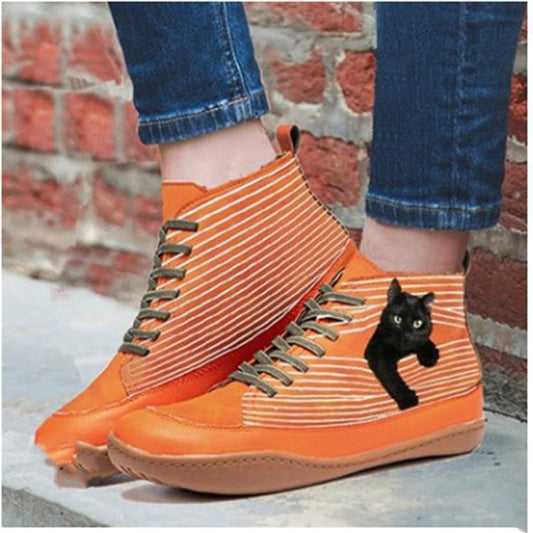 Large Size Flat-bottomed High-top Printed Totem Cross Strap Cat Cat Boots