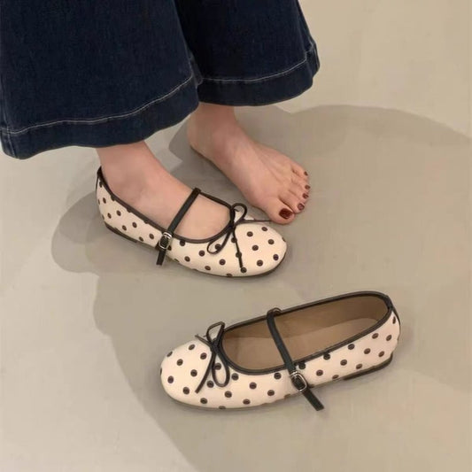 Women's Polka Dot Mary Jane Shoes 2026 Spring New Arrival, Hidden Heel, Bow & Single Strap Design, Pumps To Match Dresses, Small Leather Shoes