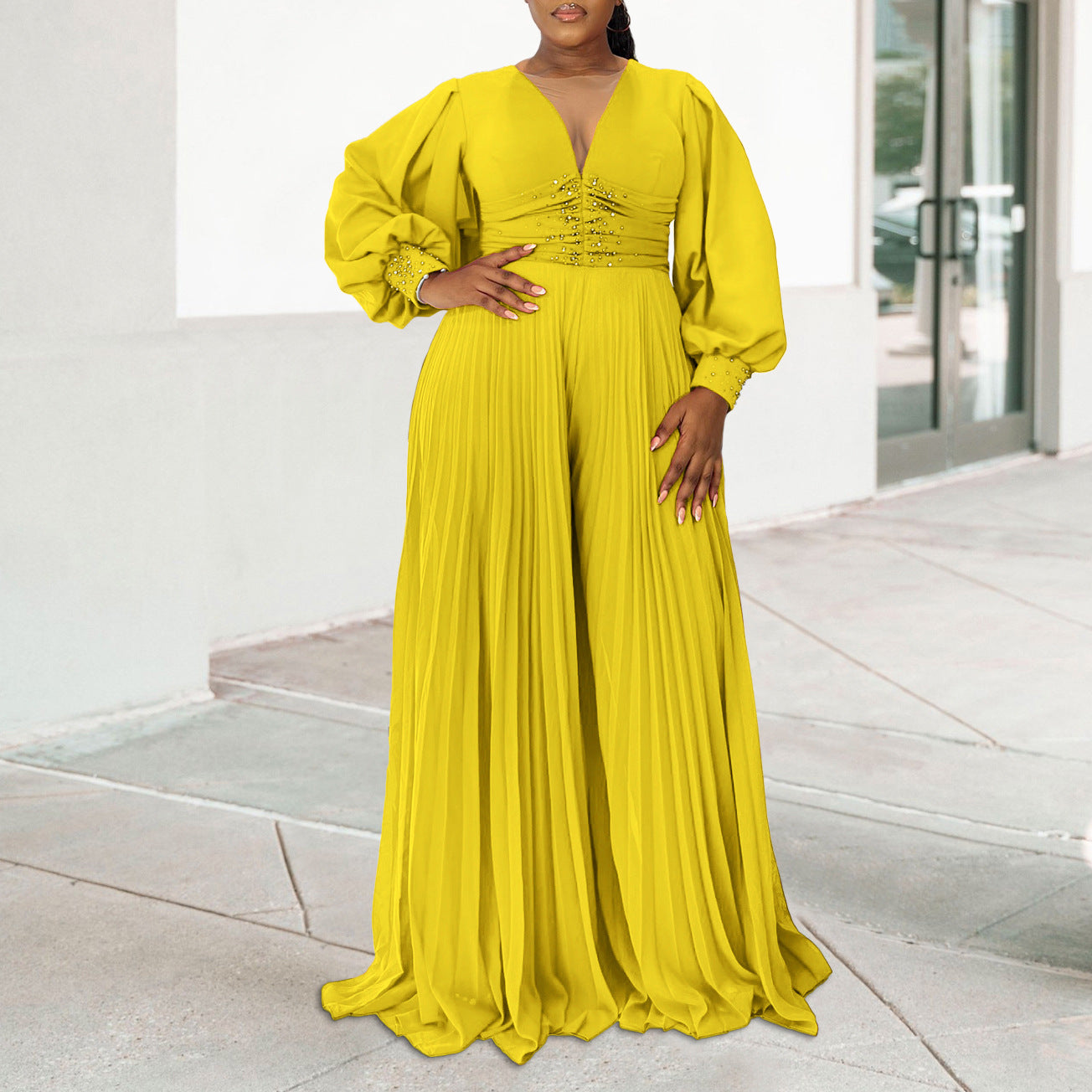 Women's Wide-leg Pleated African Jumpsuit Slightly Elastic