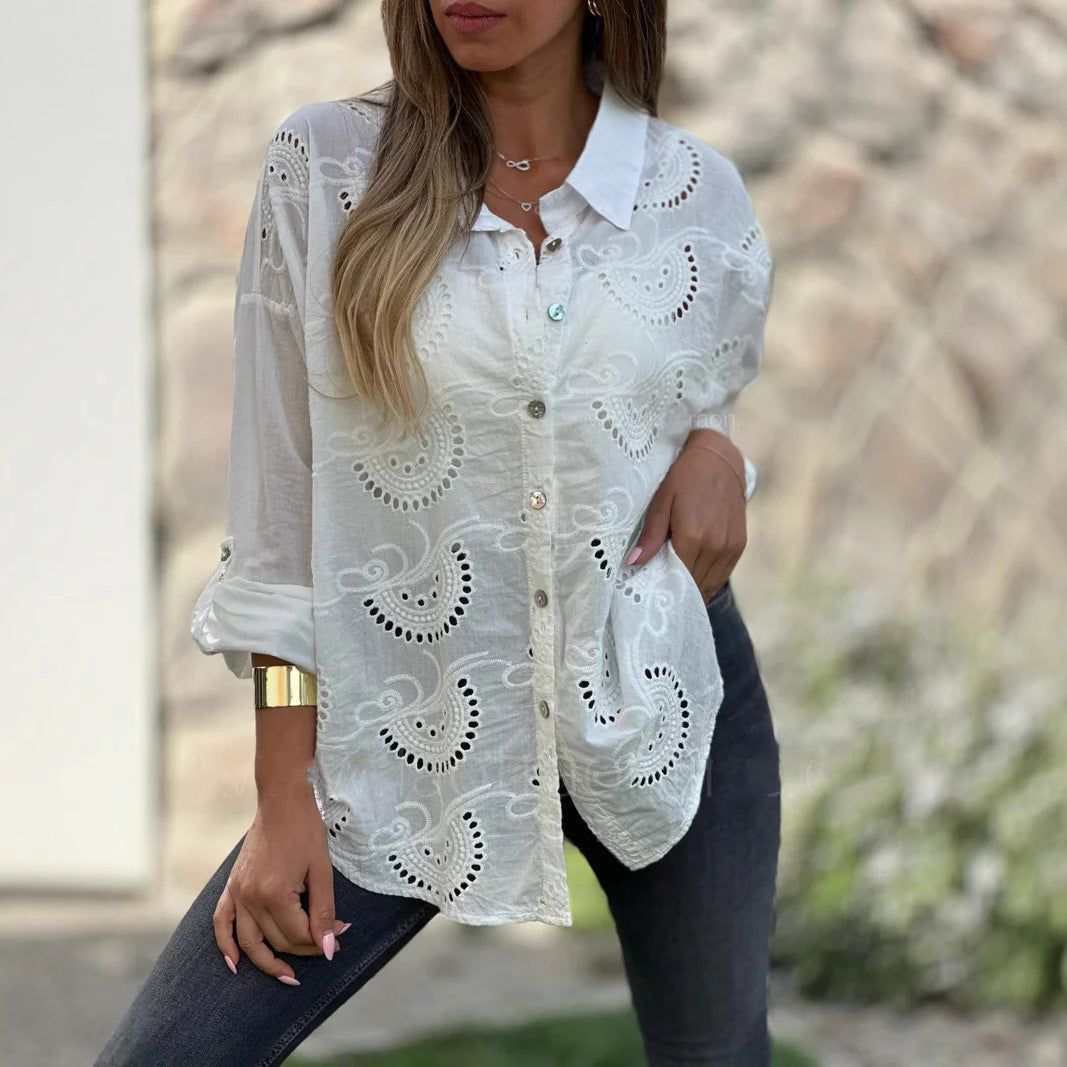 Women's Shirt Collar Loose Embroidery Hollow Out