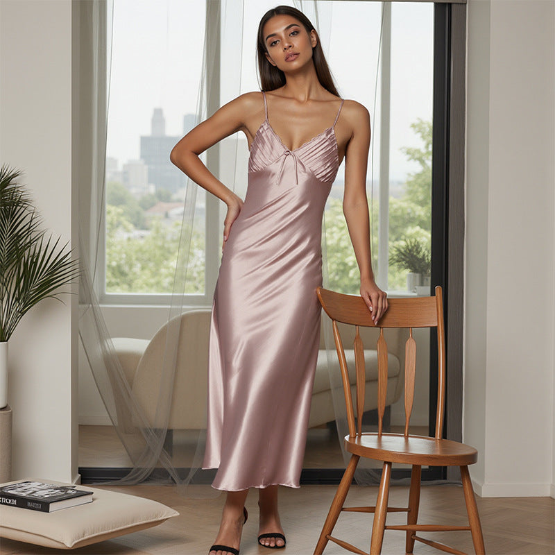 Ice Silk Sexy Slit Long Bow-Knot Loungewear Nightgown
