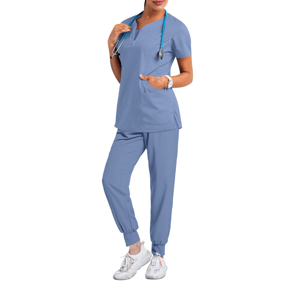 Zip-front Half-zip Collar Scrub Cream Set With Long Pants