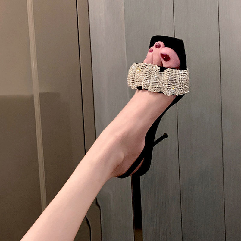 Stiletto Sandals With Square Toe Rhinestones