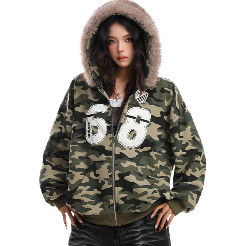 Camouflage Fur Collar Hooded Sweater