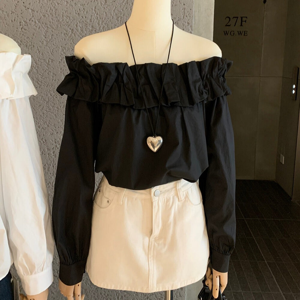 Elegant knop løs slankende off-shoulder langærmet skjorte