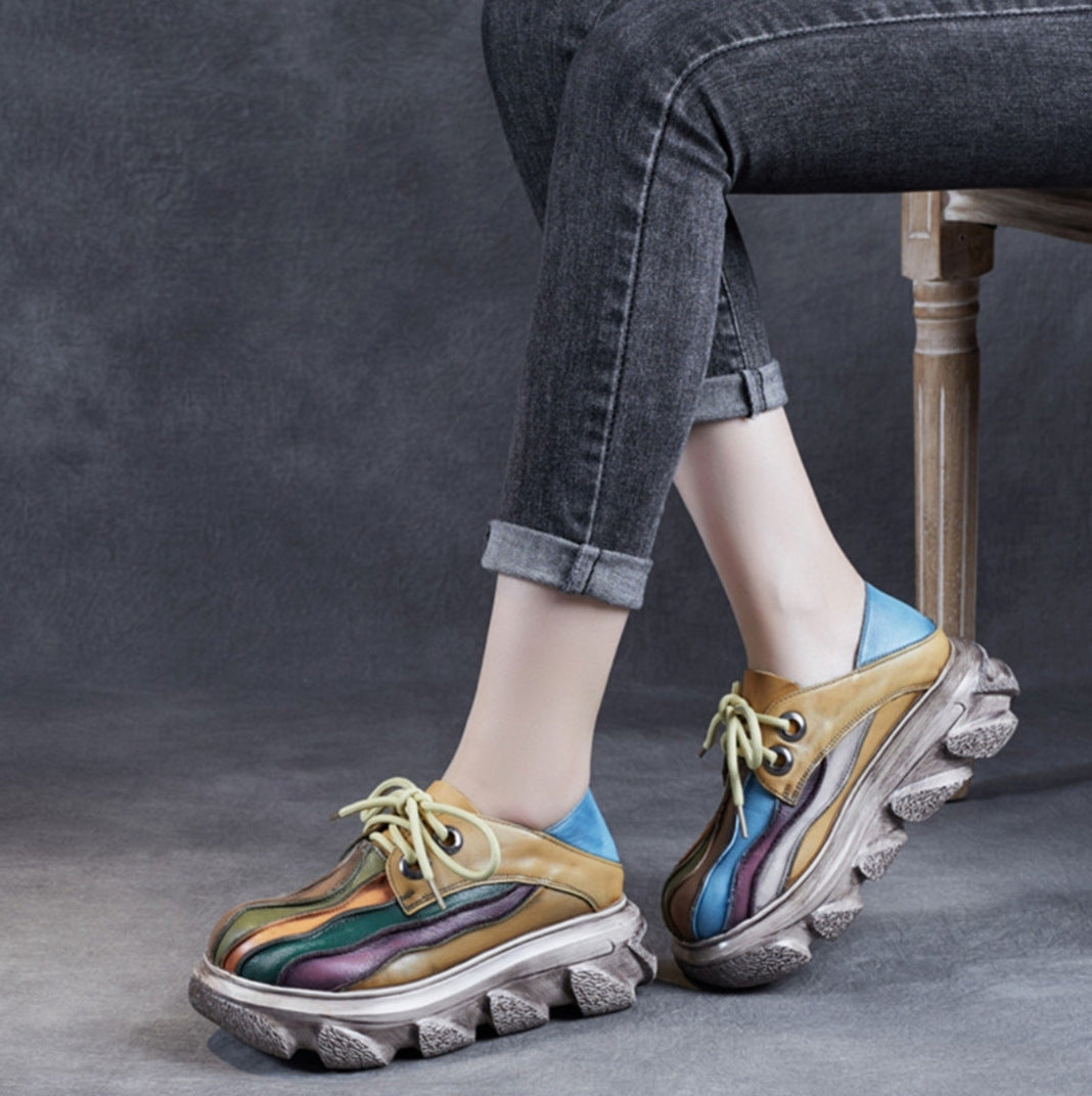 Women's Retro Color-block Rainbow Lace-up Shoes