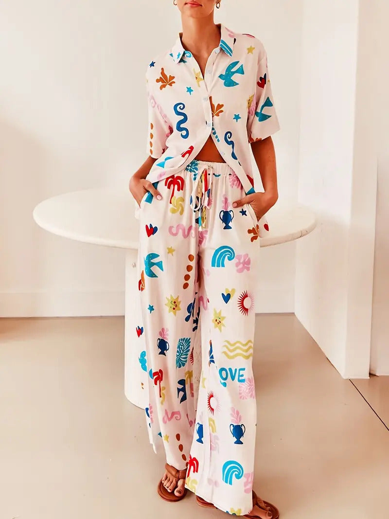 Casual Plant-patterned Short-sleeve Set