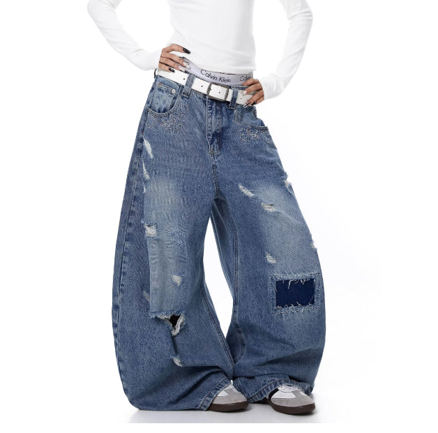 Women's Distressed Patch Washed Curved Blade Jeans