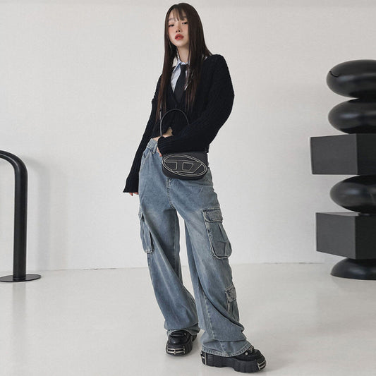 Worn Blue Loose Draping Straight Tube Mop Pants