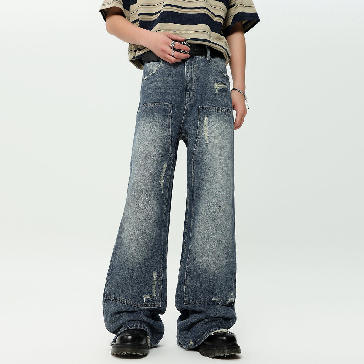 Washed And Frayed High Street Jeans Stitching American Straight