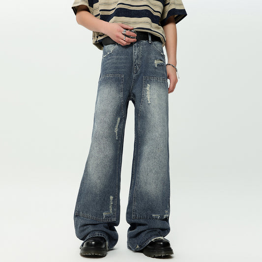 Washed And Frayed High Street Jeans Stitching American Straight