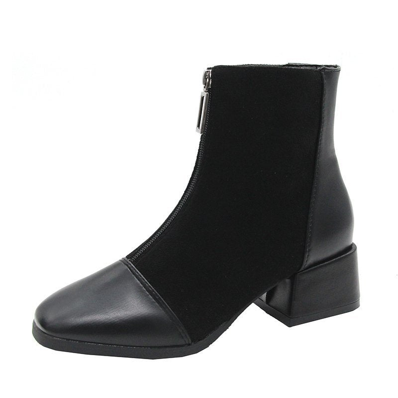 Womens Fashionable Mid-Heel Ankle Boots With Front Zipper