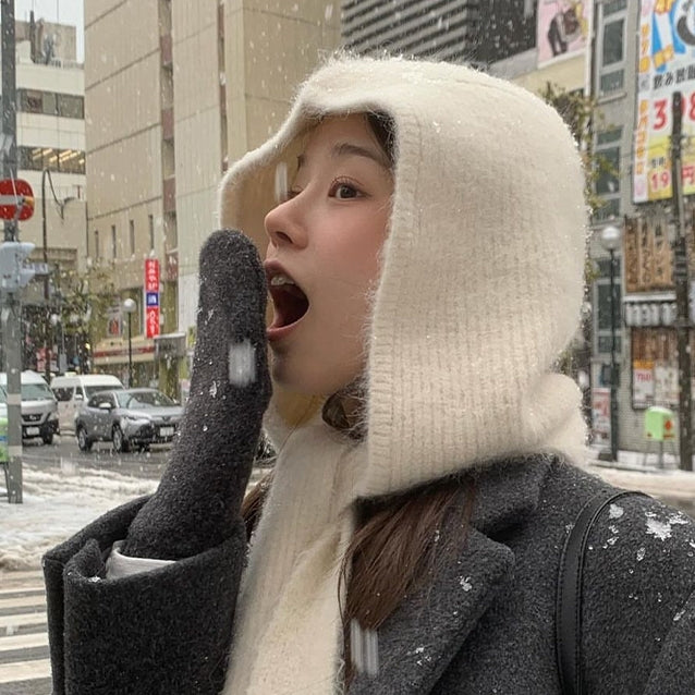 Korean Style White Plush Scarf Hat