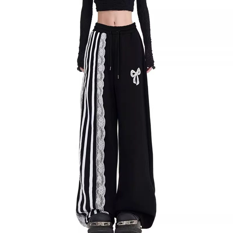 Striped Loose Blue Lace Bow Sports Pants Female