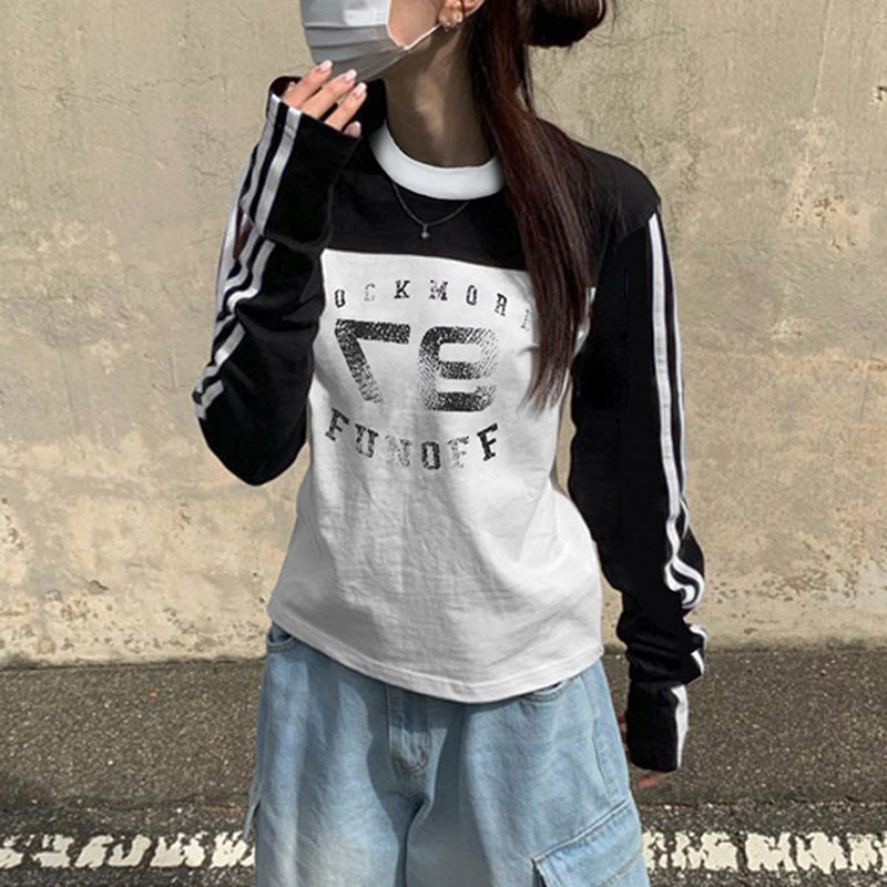 American Street Digital Printing Contrast Color Striped Stand Collar Splicing Machine Car Style Long Sleeve