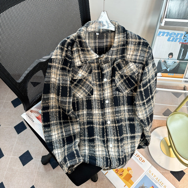 Plaid Tooling Woolen Button Shirt Jacket Men
