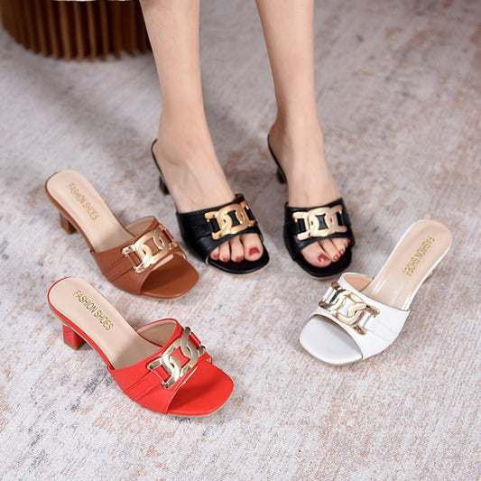 Womens Metal-buckle High-heeled Peep-toe Slippers