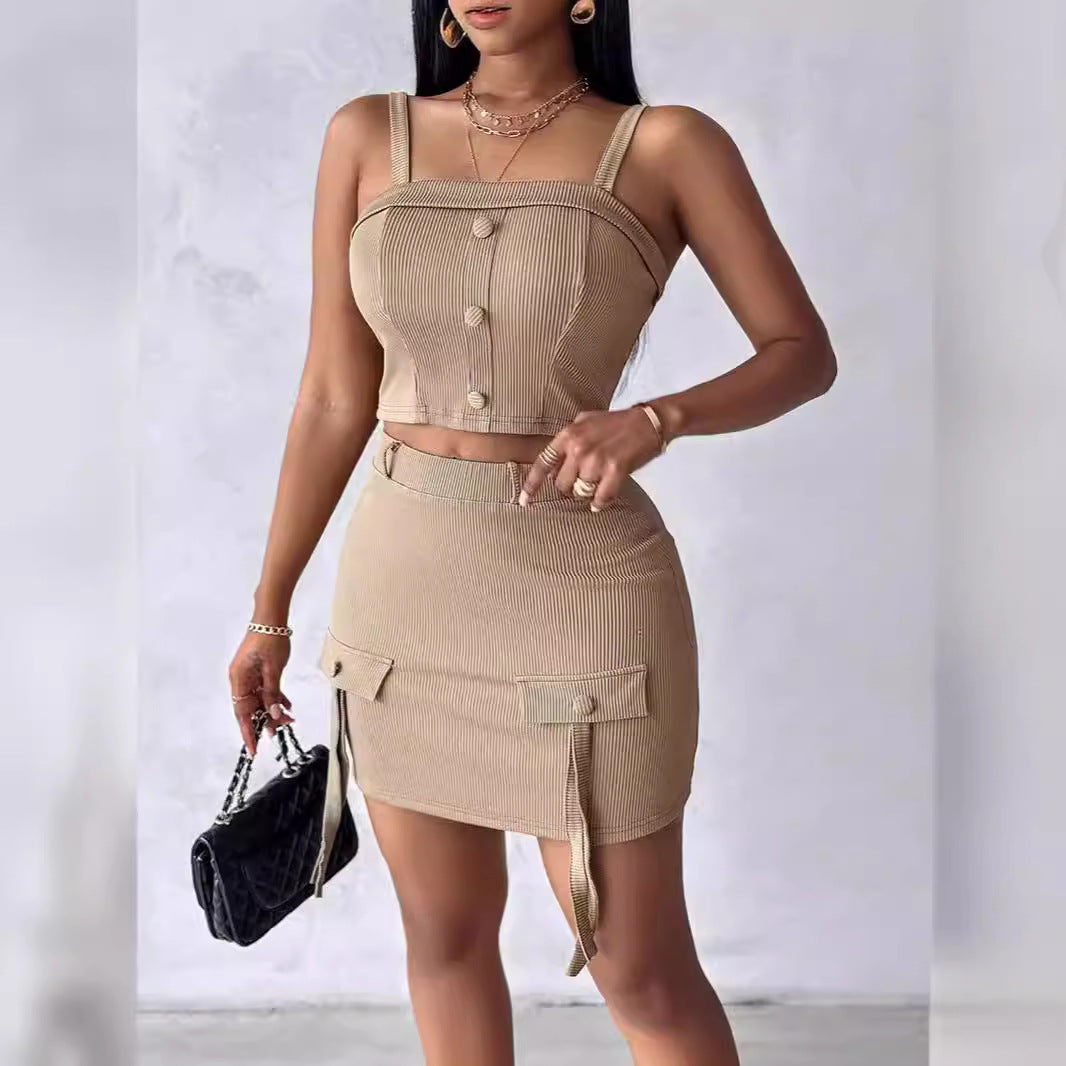 Buttoned Square-neck Camisole Top With Flap-detail Skirt Two-piece Set