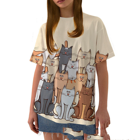 Ladies Casual Short Sleeve T-shirt Retro Color Painted Cat 3D Print