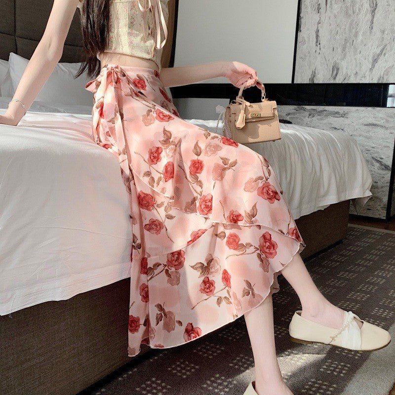 Summer Elegant Printed Chiffon Skirt One-Piece Lace-Up Apron