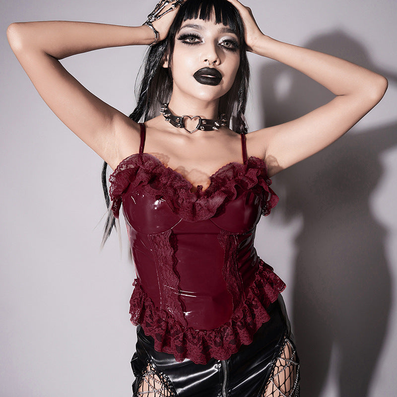 Slim Fit Dark Leather Lace Slip Top
