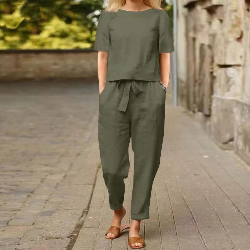 Women's Linen Cotton Summer Set Short Sleeve Vintage Set