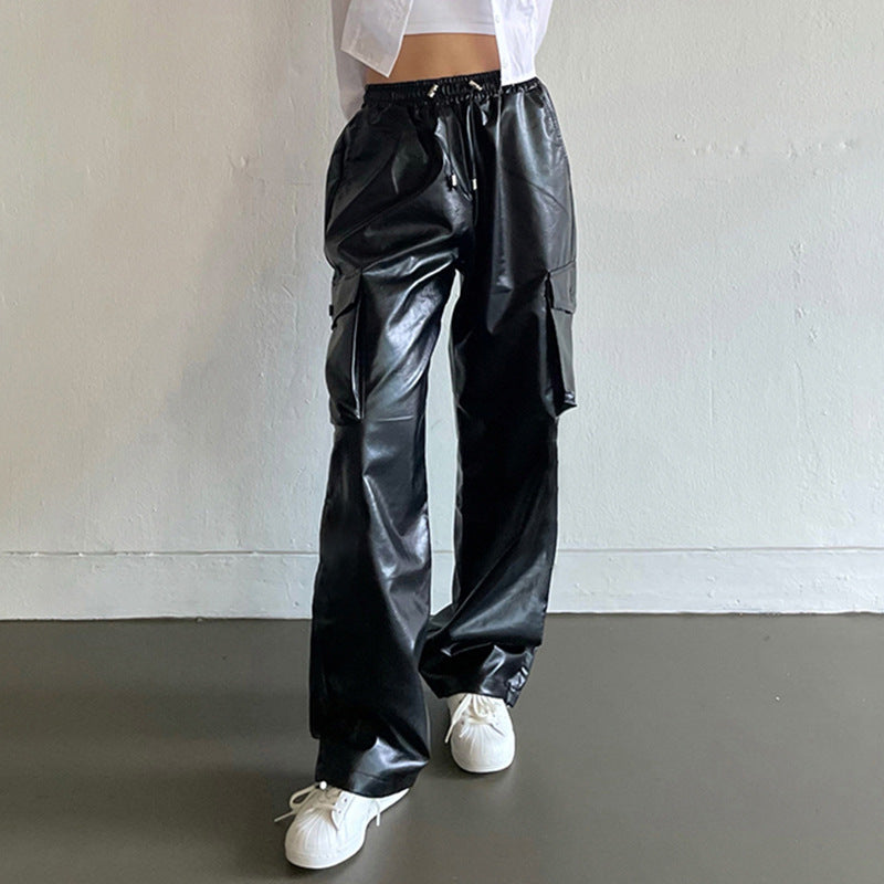 Street Pocket Tooling Leather Straight Leg Pants Elastic Waist Wide Punk Texture