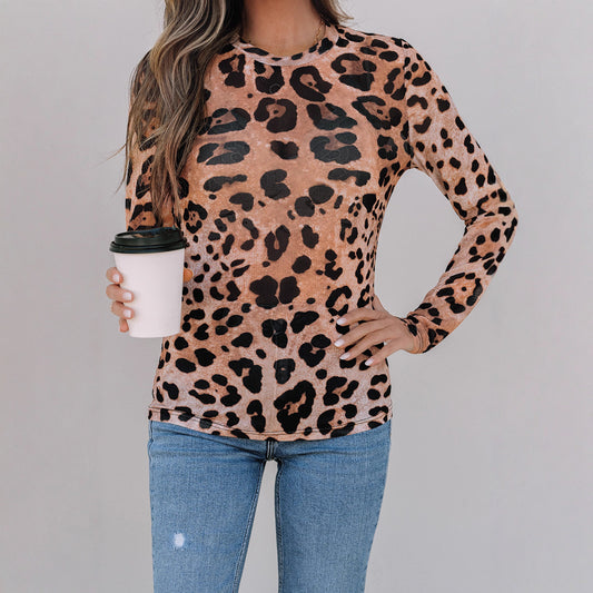 Leopardprint Langærmet Skjorte til Kvinder Slank Pullover Rund Hals Sweater