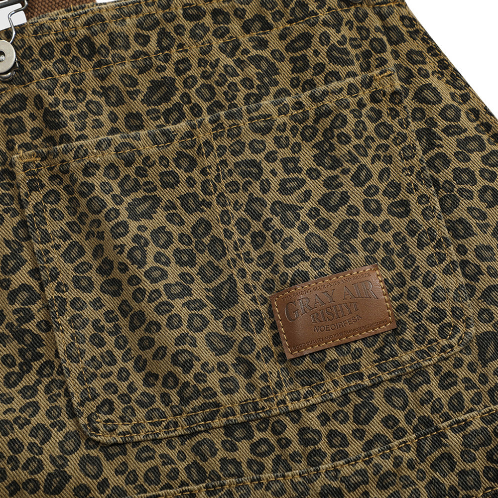 Leopard Print Denim Suspender Pants Men's High Street Loose