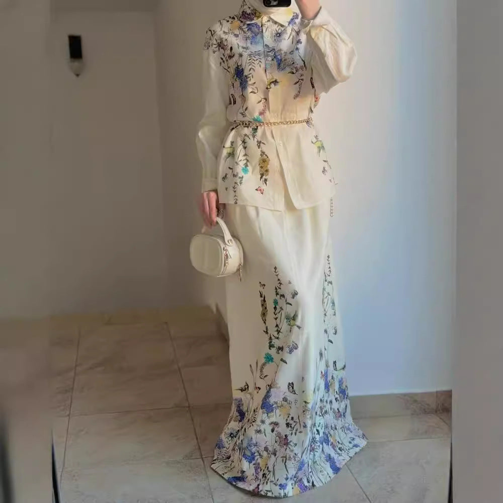 Women's Fashion Flower-Print Casual Long Dress Set