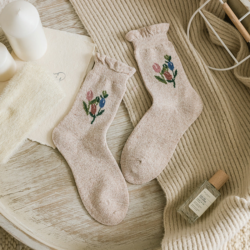 Golden Retro Tulip Mid-tube Socks Warm And Thick