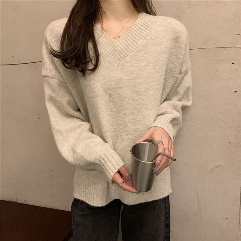 Cotton Cashmere Casual Laid-back Style V-neck Pullover Sweater