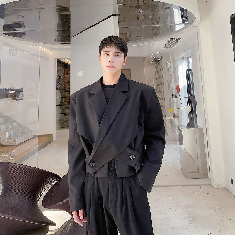 Men's Short Asymmetrical Cross-Collar Blazer With Patchwork Design
