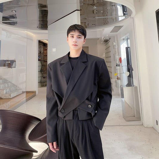 Men's Short Asymmetrical Cross-Collar Blazer With Patchwork Design