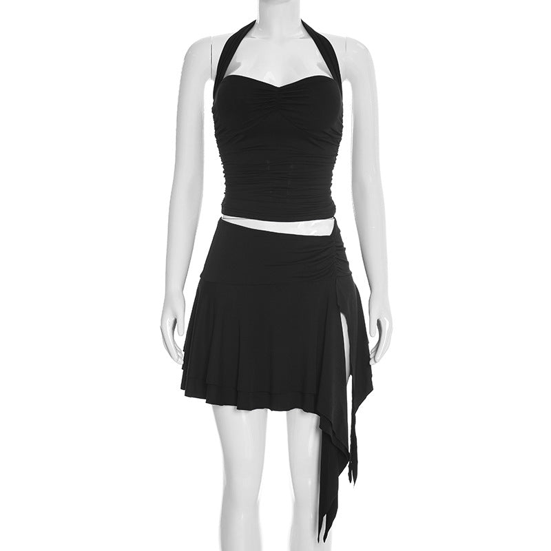 Casual Sleeveless Halterneck Top With Tie Straps And Flutter-Sleeve Short Skirt Set