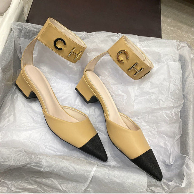 Small Incense Wind Color Matching Thick Heel Women's Shoes With Velcro Pointed Toe Sandals With A Toe