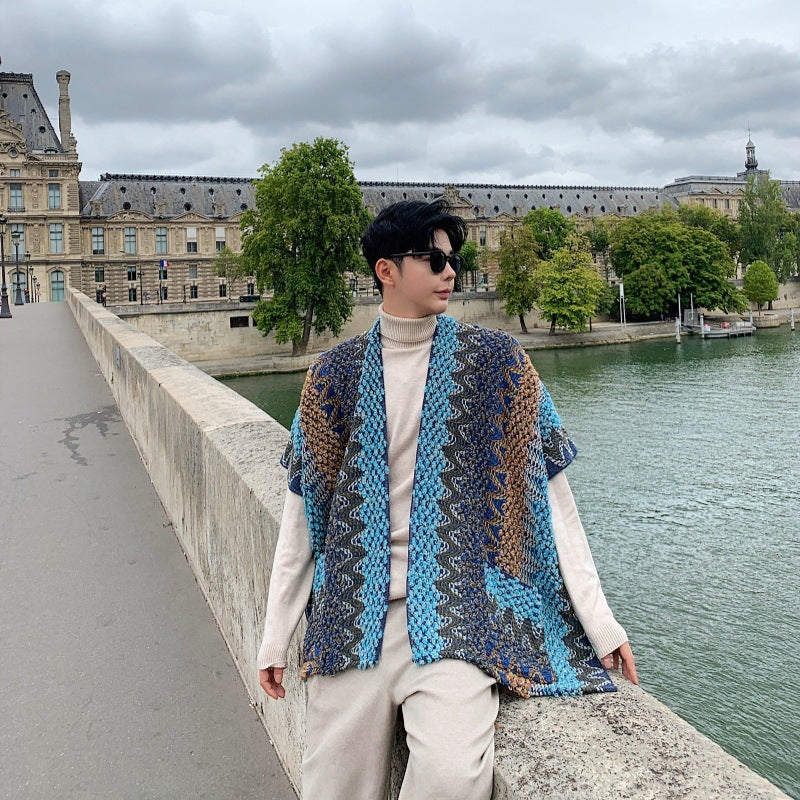 Fashionable Concave Shape Color Blocking Loose Shawl Sweater