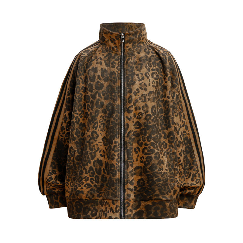 Leopard Print Niche Stand Collar Zipper Special Jacket Coat Retro Set