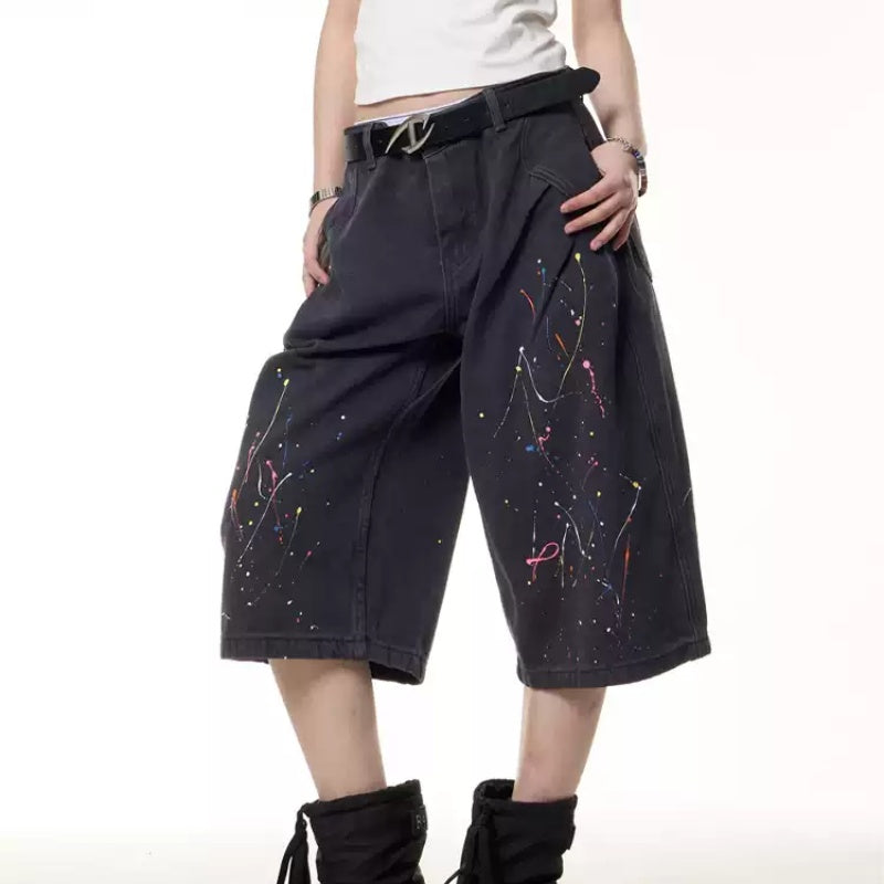 Retro Paint-splashing Style Graffiti Denim Shorts Baby Boy And Girl Summer Loose Straight